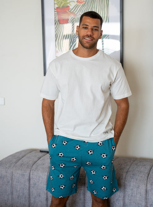 Men Summer Pajama set Off White T-shirt + Football Short